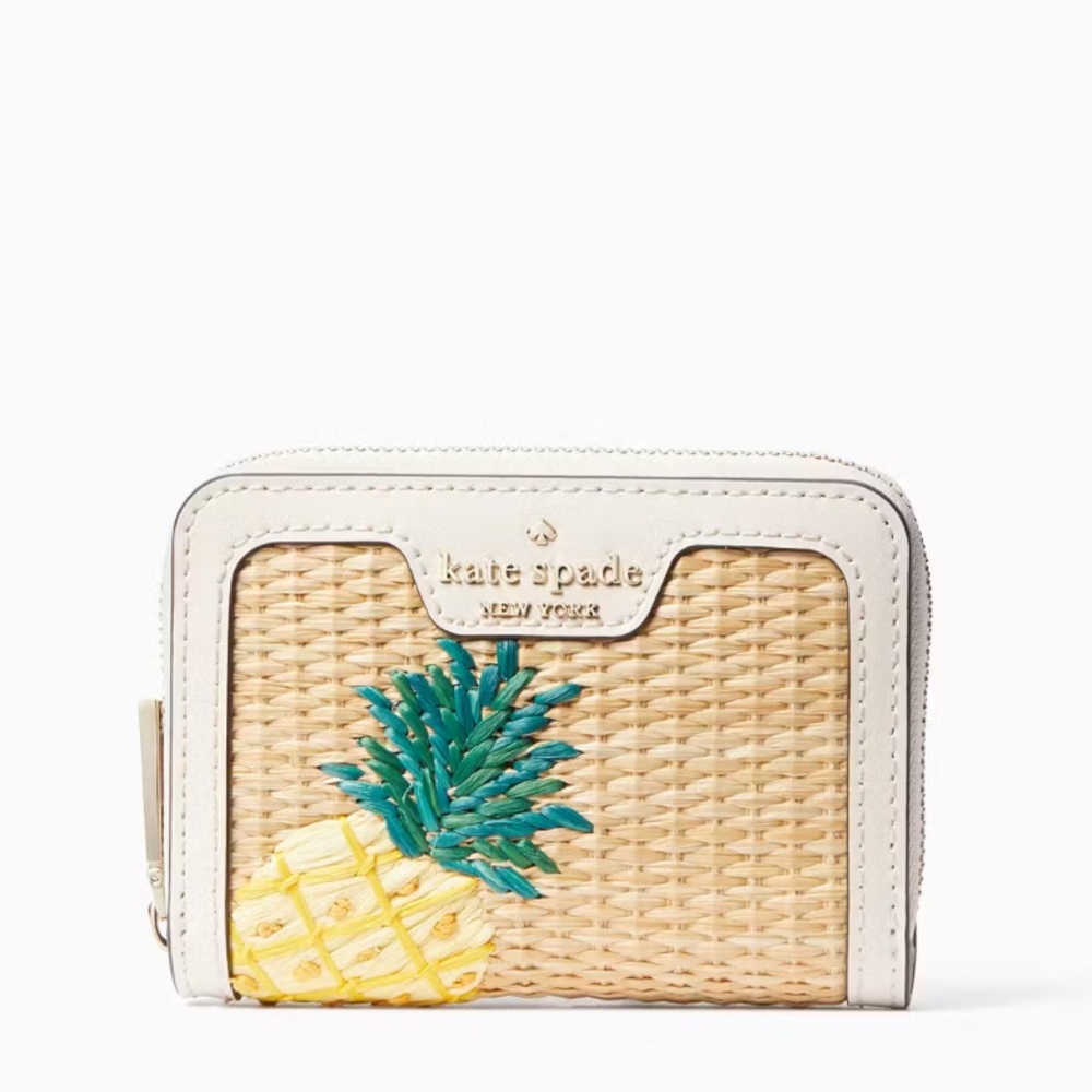 kate spade pineapple embroidered straw wallet